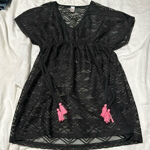 Bongo Y2K Black Mesh Neon Pink Tassels Cover Up M